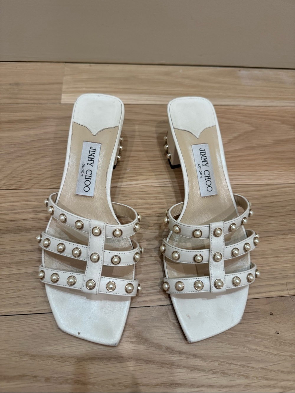 Jimmy Choo Ivory Pearl-Stud Multi-Strap Slide Mules-Sz 38